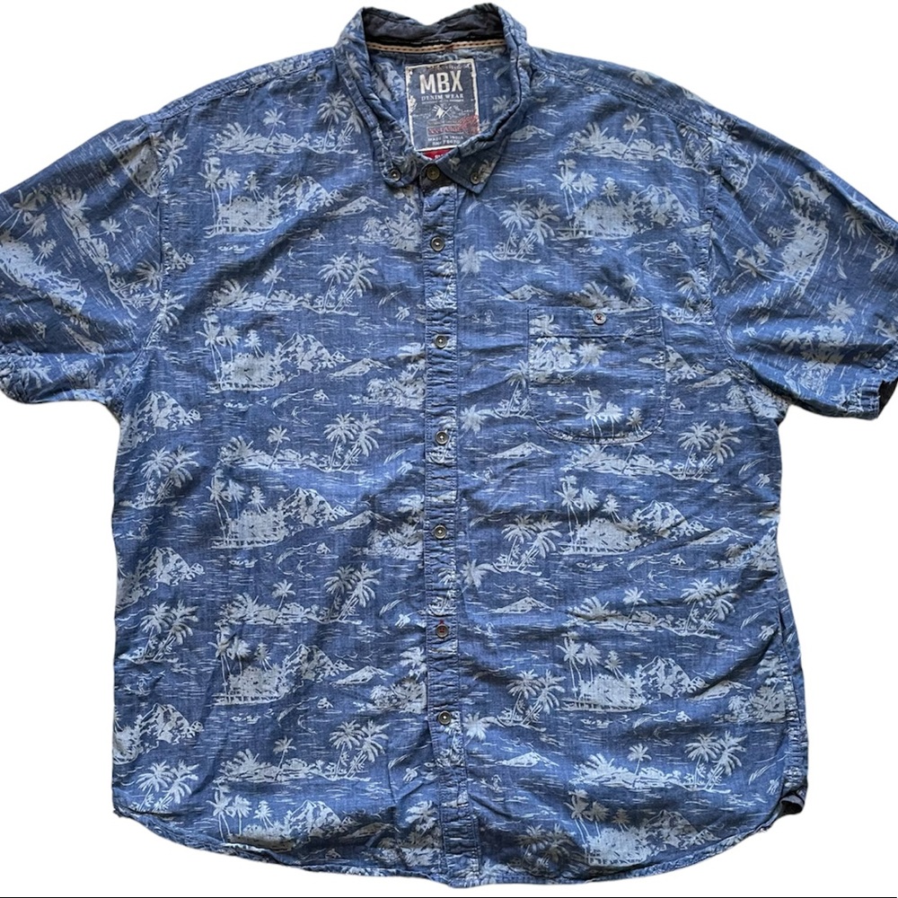 MBX Denim Wear Shirt Sz XXL SLIM FIT Men's Hawaiian Blue Short Sleeve Button Up
